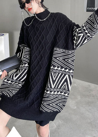 Black Stand Collar Jacquard Loose Fall Knit Sweaters