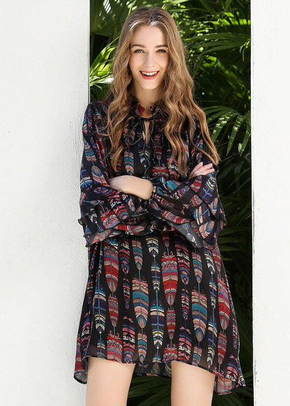 Black Stand Collar Lace Up Print Chiffon Dress Butterfly Sleeve