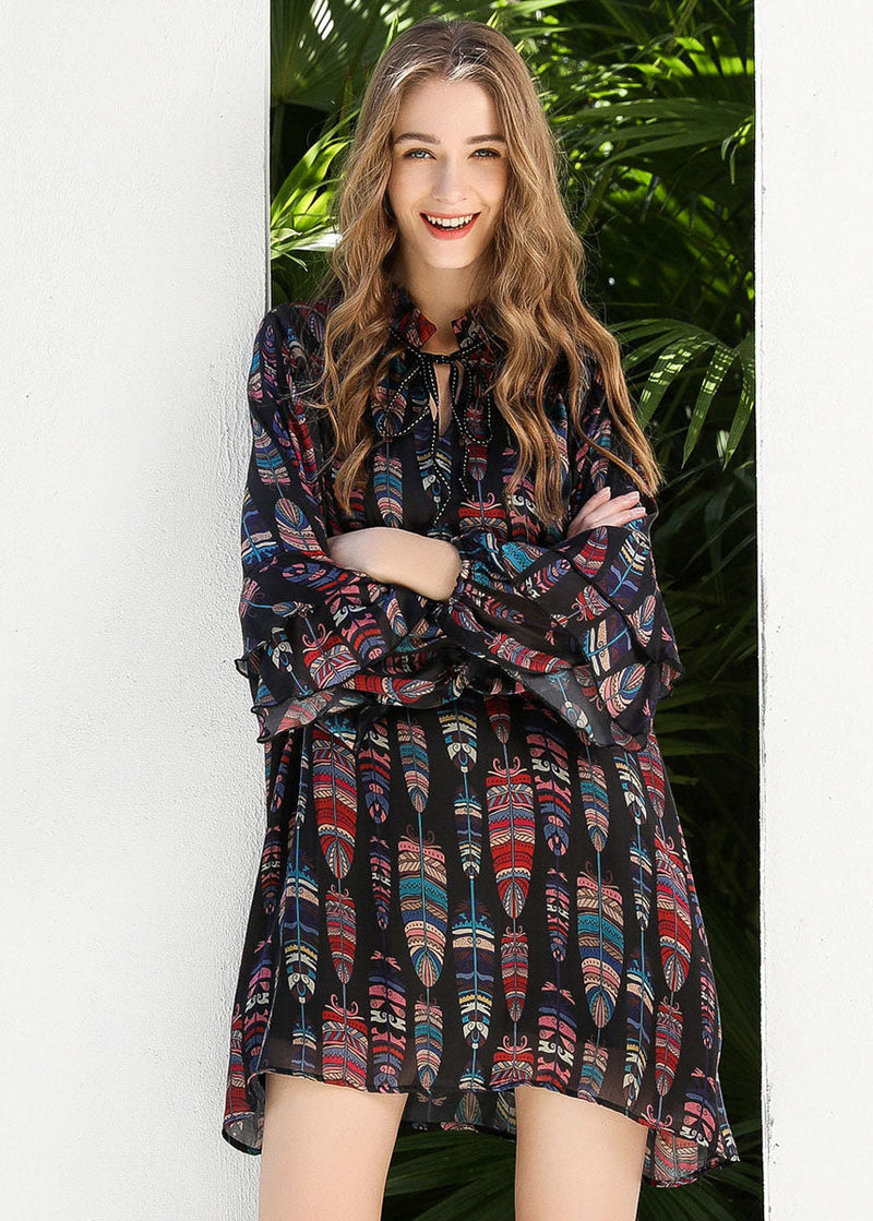 Black Stand Collar Lace Up Print Chiffon Dress Butterfly Sleeve
