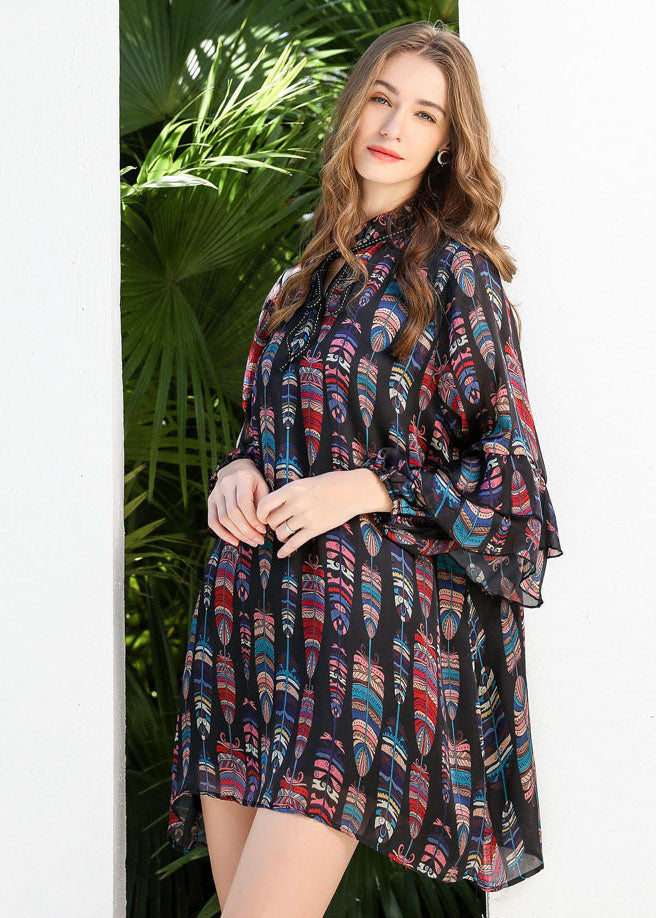 Black Stand Collar Lace Up Print Chiffon Dress Butterfly Sleeve