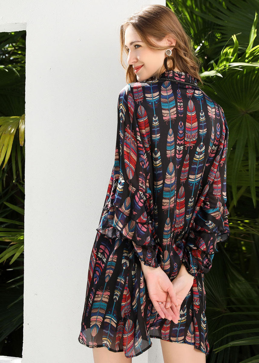 Black Stand Collar Lace Up Print Chiffon Dress Butterfly Sleeve