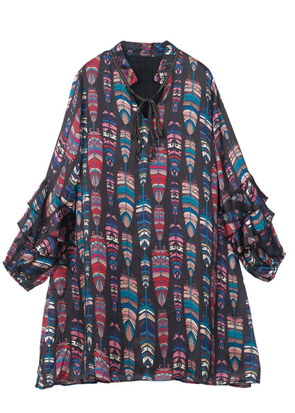 Black Stand Collar Lace Up Print Chiffon Dress Butterfly Sleeve