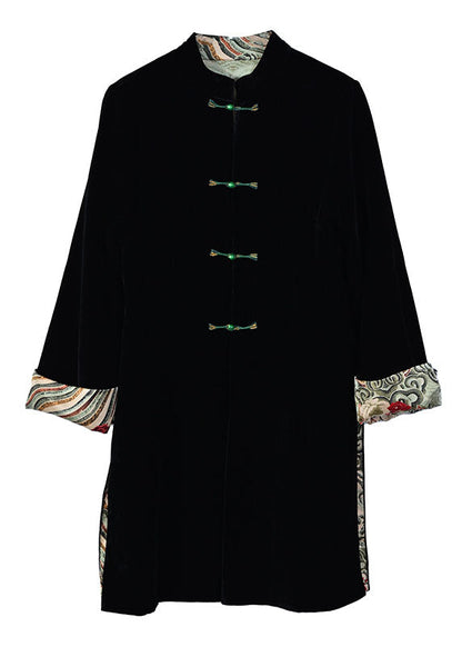 Black Stand Collar Patchwork Button Silk Velour Coat Bracelet Sleeve