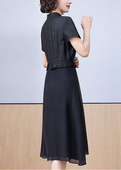 Black Stand Collar Patchwork Embroideried Silk Dress Summer