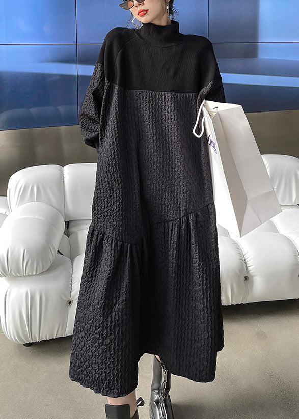 Black Stand Collar Patchwork Knit a Line Long Dresses Winter