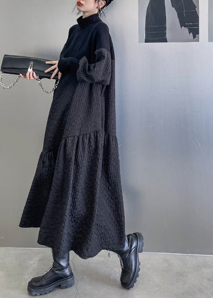 Black Stand Collar Patchwork Knit a Line Long Dresses Winter