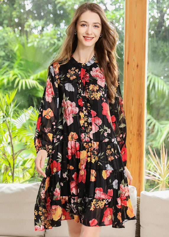 Black Stand Collar Patchwork Print Chiffon Pleated Dresses Spring