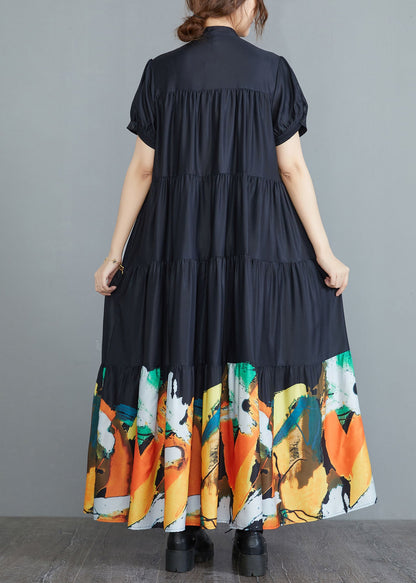 Black Stand Collar Patchwork Print Cotton Pleated Shirt Dress Short Sleeve