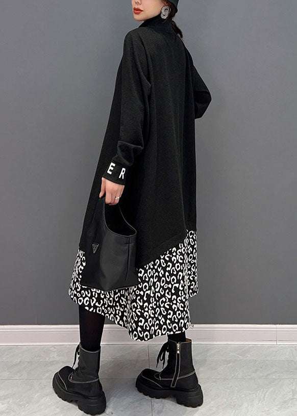 Black Stand Collar Patchwork Print Cotton Vacation Dresses Spring
