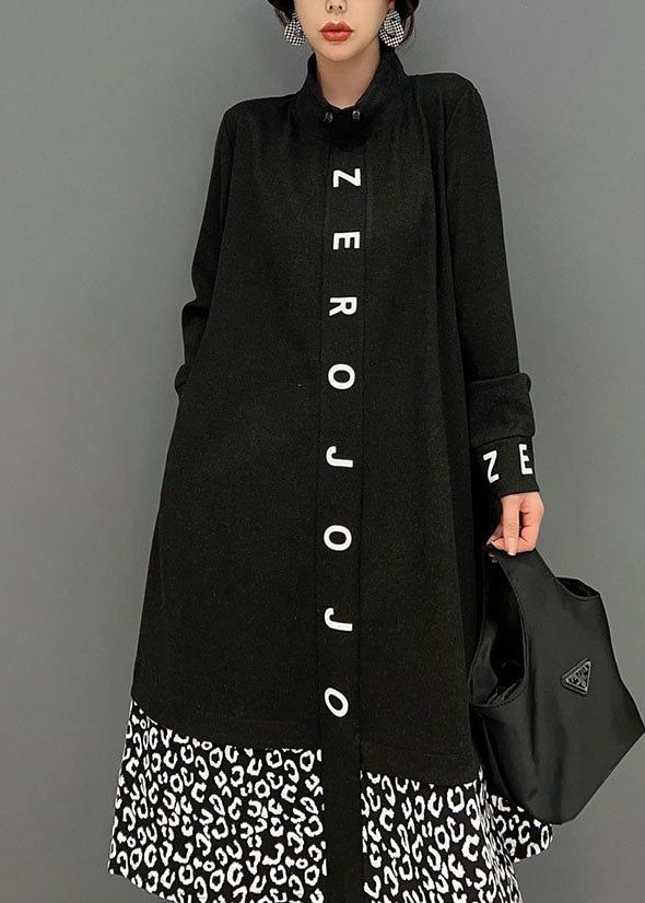 Black Stand Collar Patchwork Print Cotton Vacation Dresses Spring