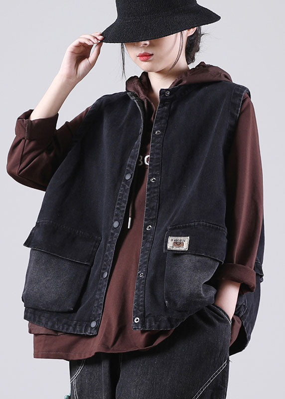 Black Stand Collar Pockets Button Fall Sleeveless Waistcoat