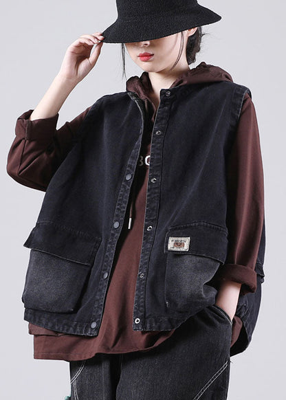 Black Stand Collar Pockets Button Fall Sleeveless Waistcoat