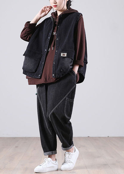 Black Stand Collar Pockets Button Fall Sleeveless Waistcoat