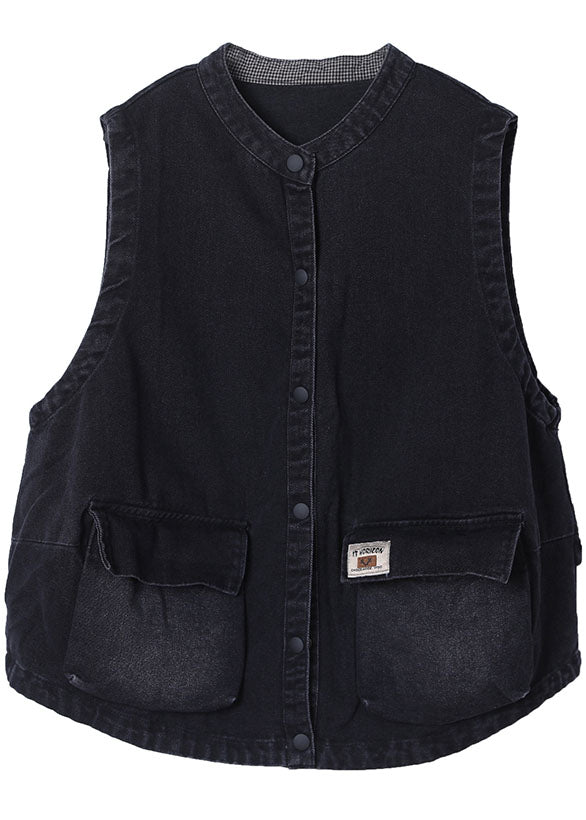 Black Stand Collar Pockets Button Fall Sleeveless Waistcoat