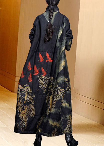 Black Stand Collar Pockets Print Fine Cotton Filled Trench Coat Spring