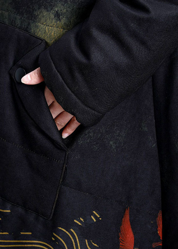 Black Stand Collar Pockets Print Fine Cotton Filled Trench Coat Spring