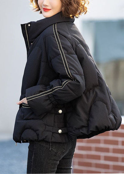 Black Stand Collar Zippered Duck Down Down Jacket Winter