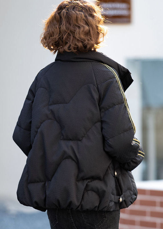 Black Stand Collar Zippered Duck Down Down Jacket Winter