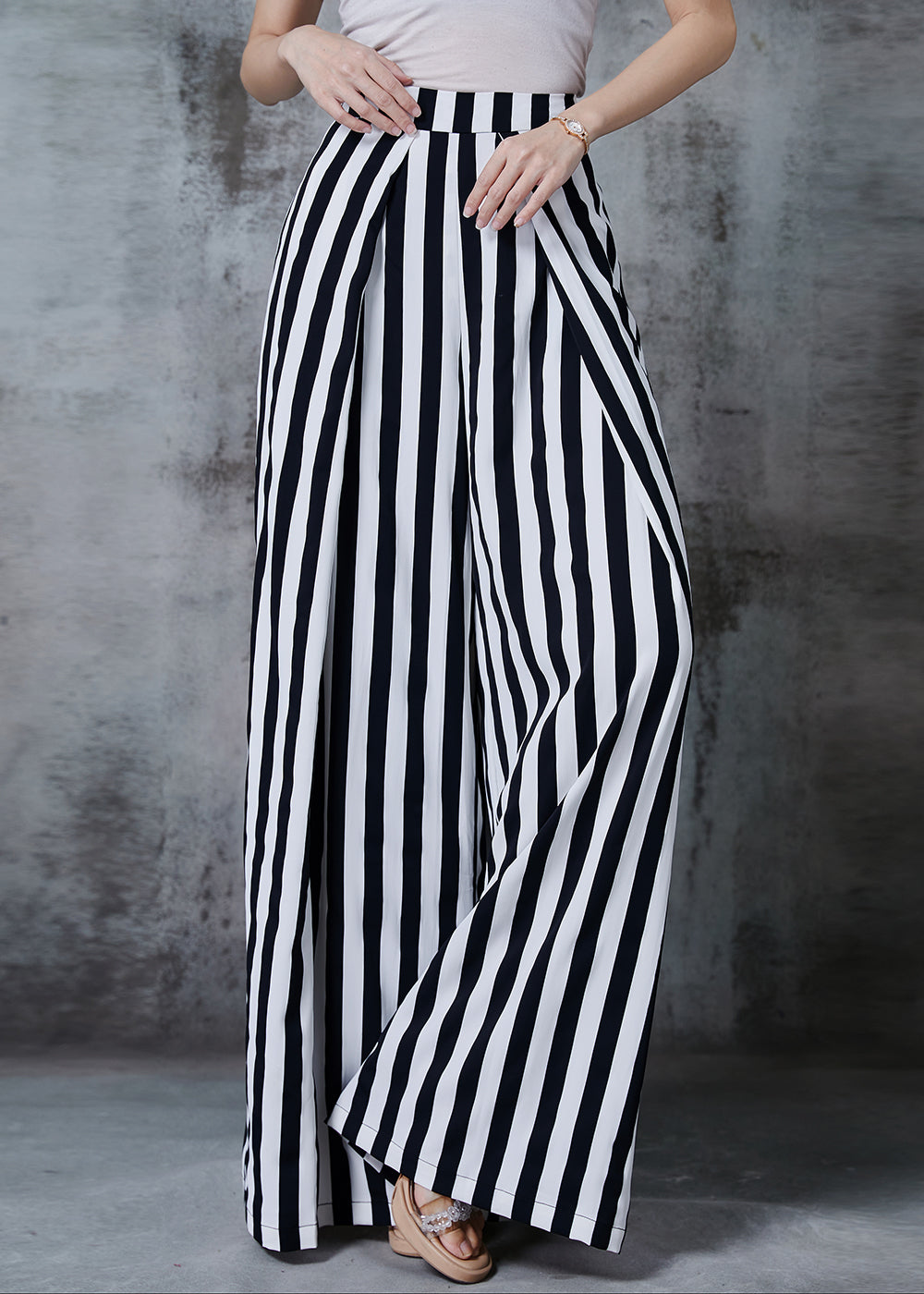 Black Striped Chiffon Wide Leg Pants Spring