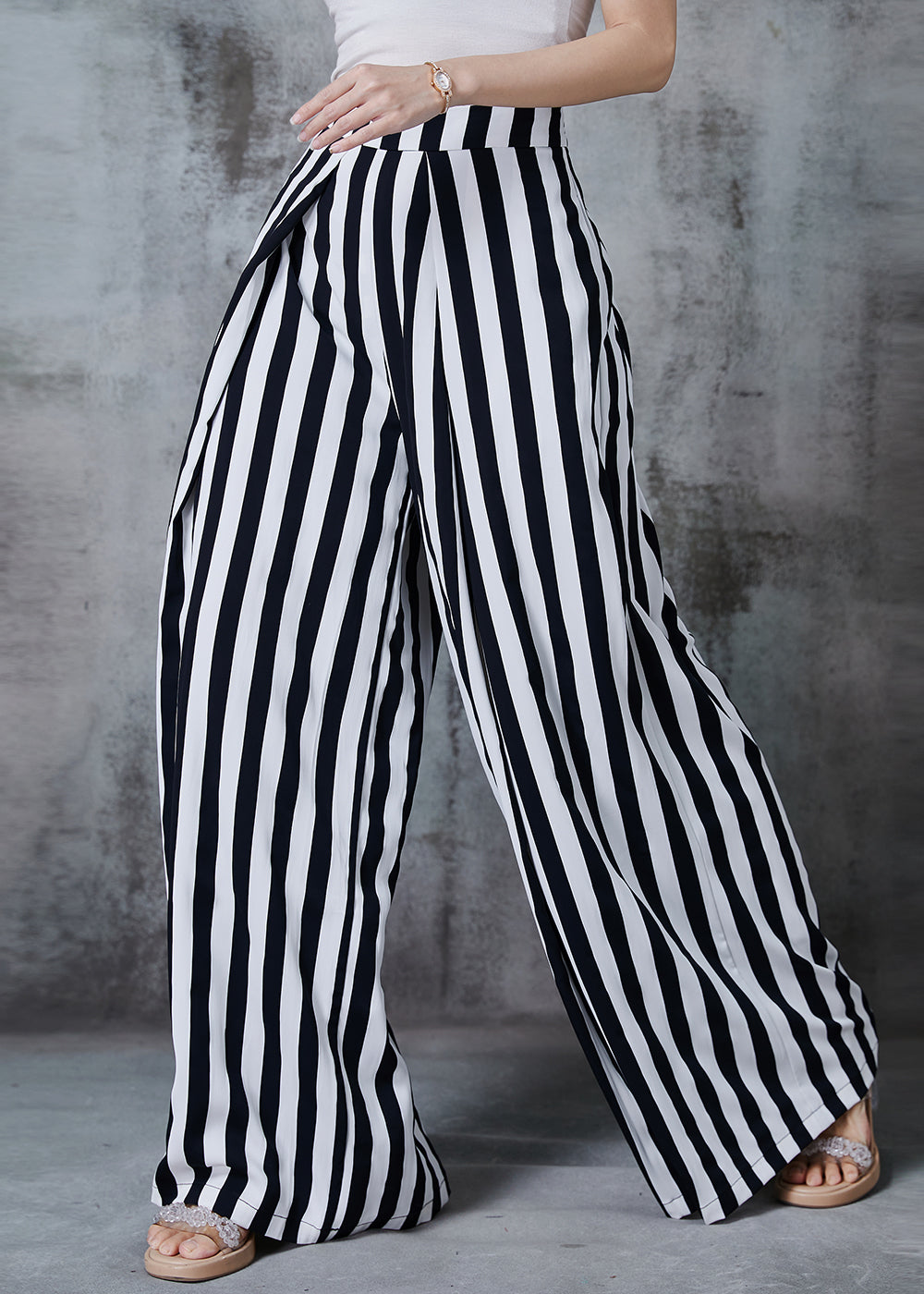 Black Striped Chiffon Wide Leg Pants Spring