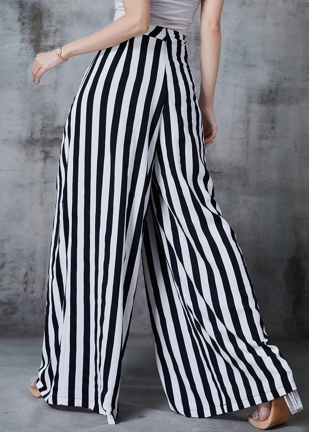 Black Striped Chiffon Wide Leg Pants Spring