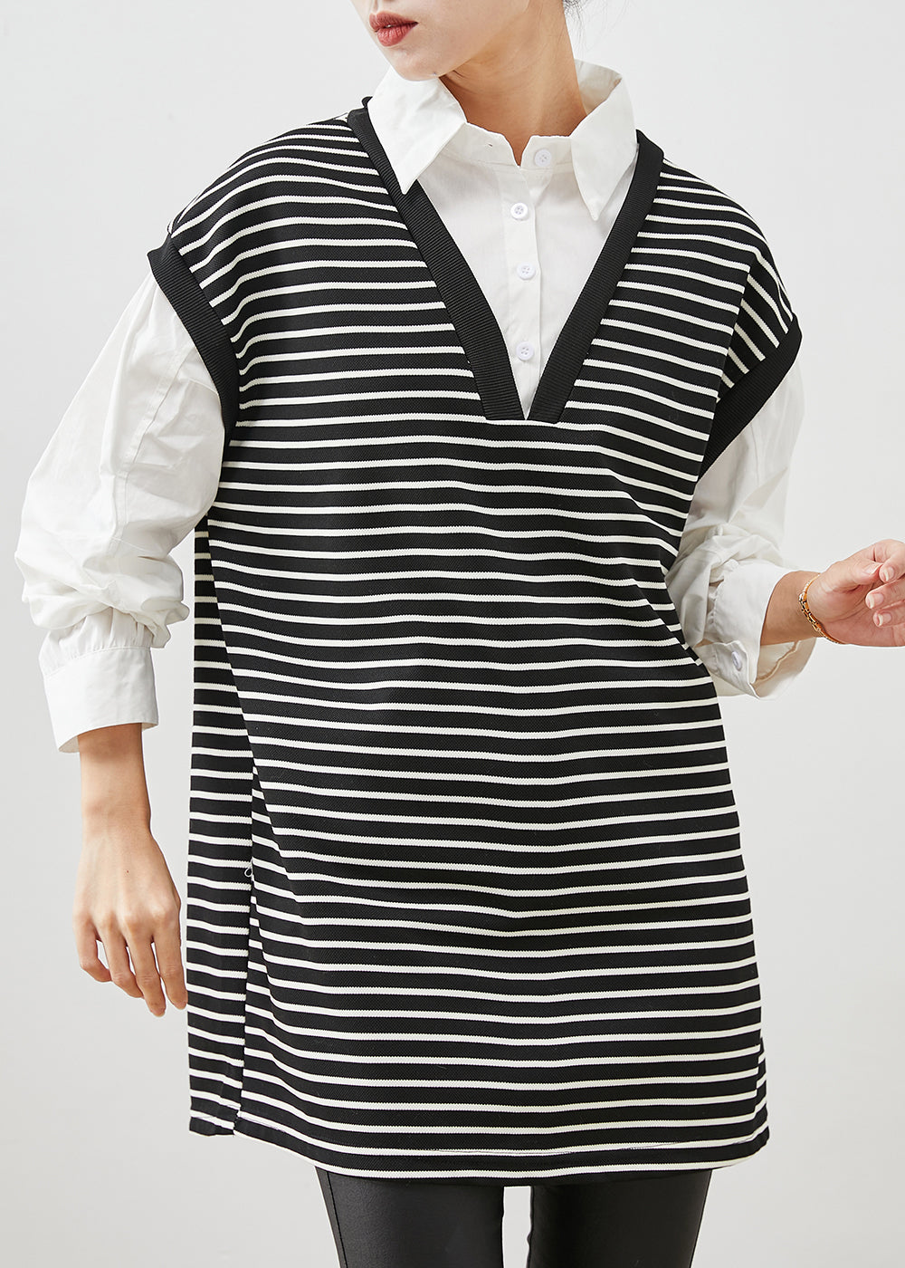 Black Striped Patchwork Cotton Shirt Dress Spring