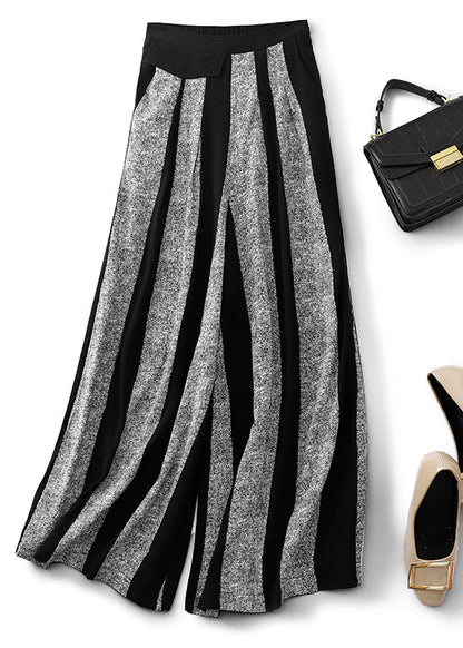 Black Striped Patchwork Cotton Wide Leg Pants Spring