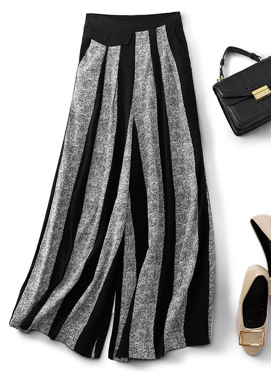 Black Striped Patchwork Cotton Wide Leg Pants Spring