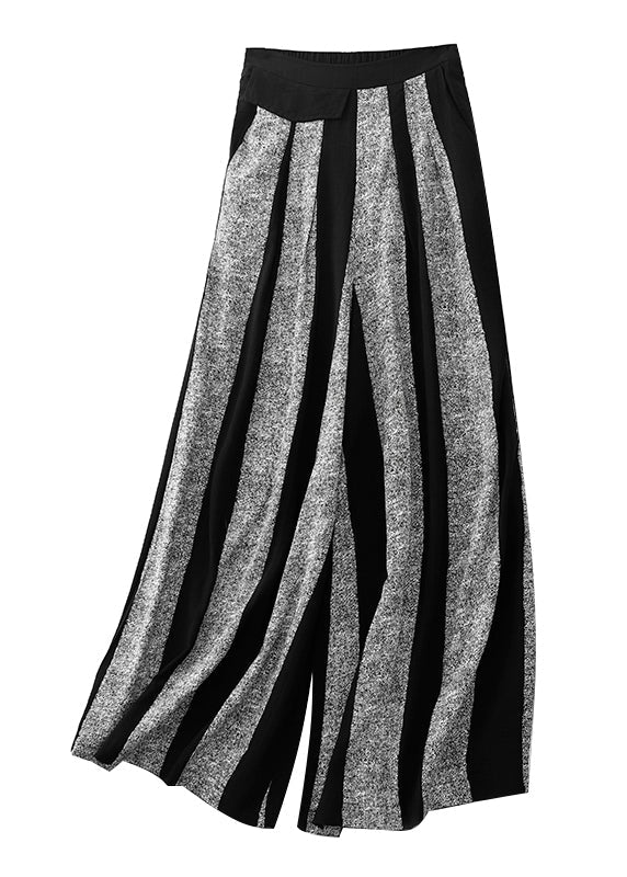 Black Striped Patchwork Cotton Wide Leg Pants Spring