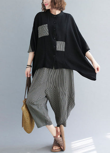 Black Striped Patchwork Stand Collar Tops and Pants Cotton Two Pieces Set Summer