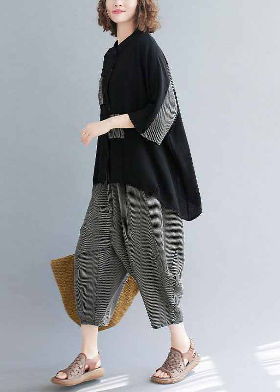 Black Striped Patchwork Stand Collar Tops and Pants Cotton Two Pieces Set Summer