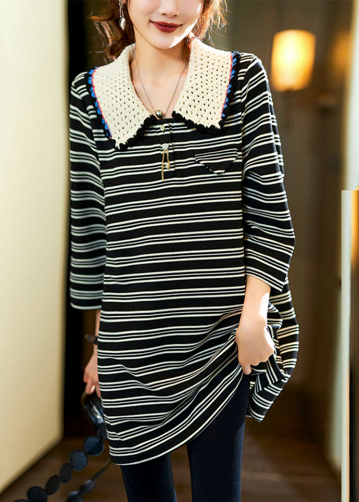Black Striped Peter Pan Collar Cotton Top Fall
