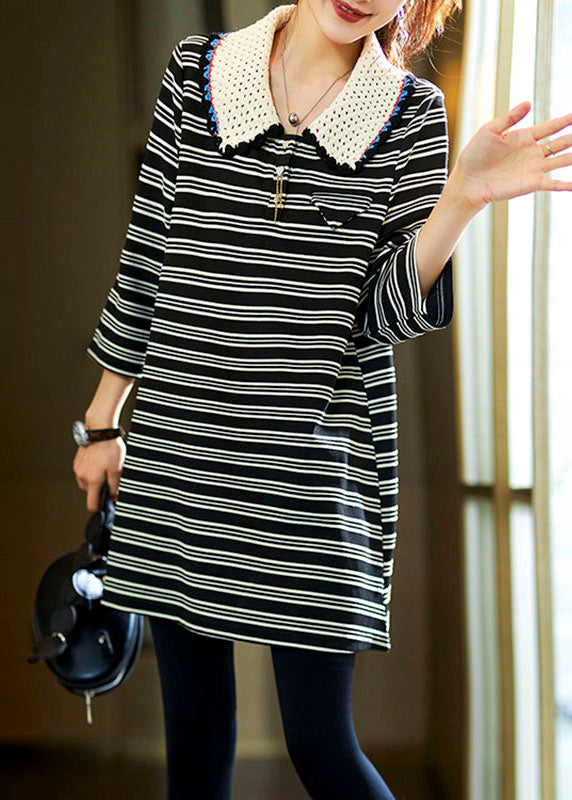 Black Striped Peter Pan Collar Cotton Top Fall