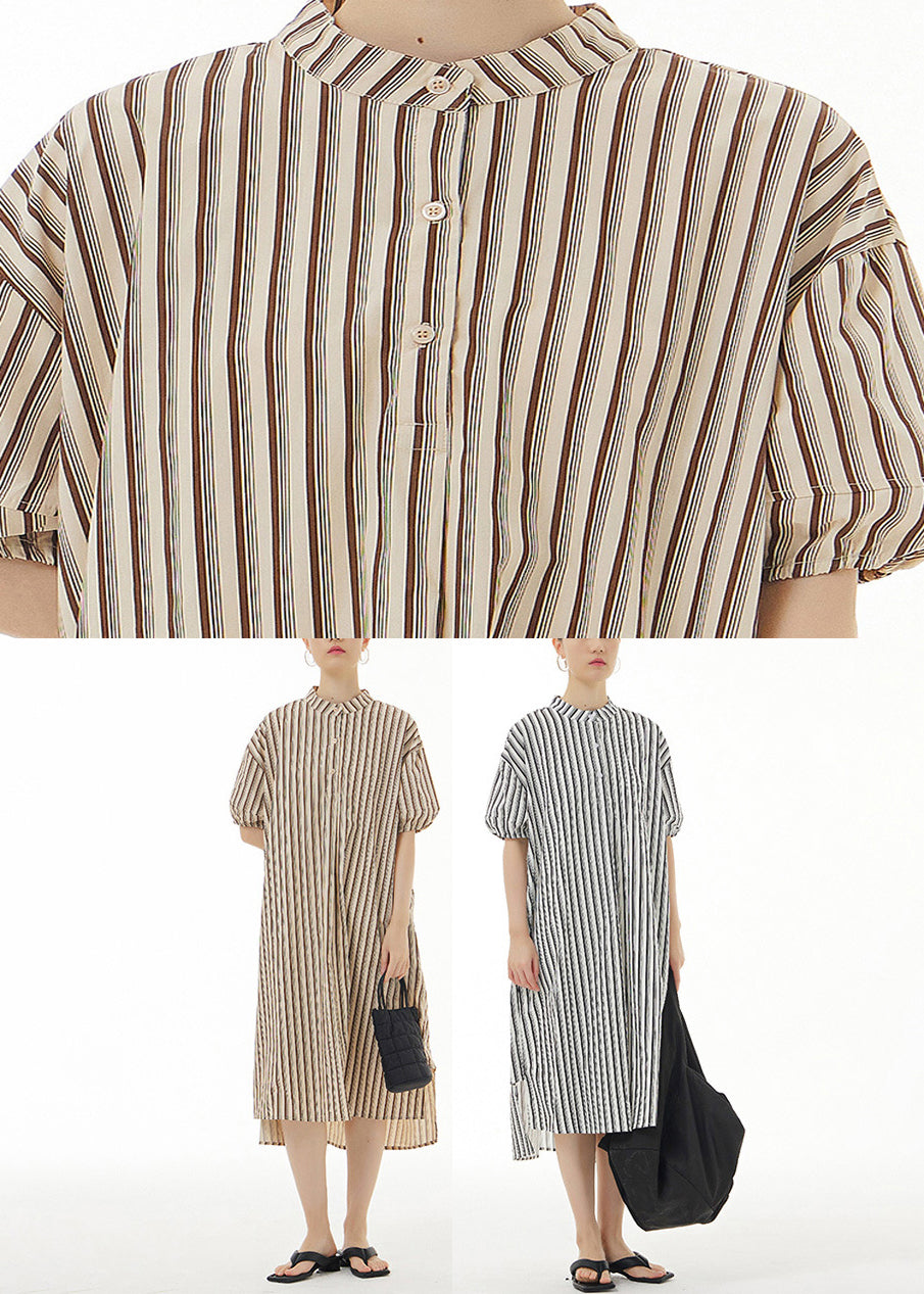 Black Striped Side Open Cotton Vacation Long Shirt Dresses Summer