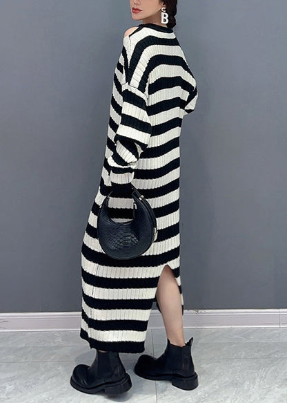 Black Striped Side Open Patchwork Knit Cardigan Fall