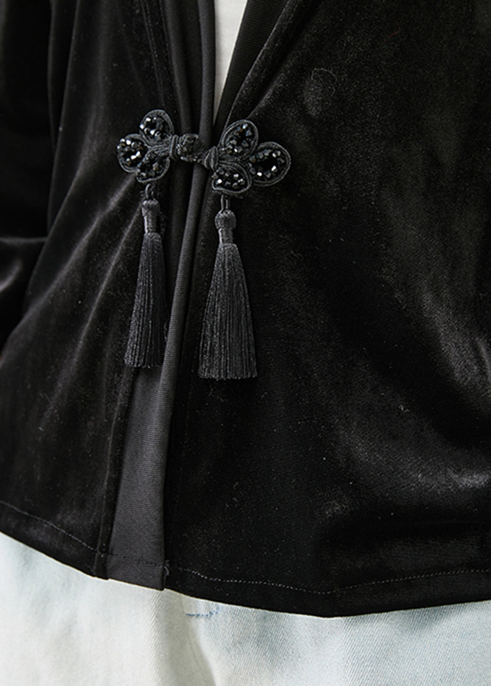 Black Tasseled Chinese Button Silk Velour Coats Fall
