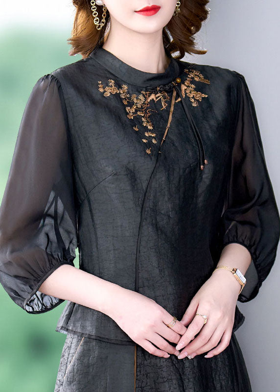 Black Tasseled Embroideried Patchwork Silk Top Summer