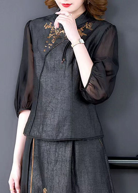 Black Tasseled Embroideried Patchwork Silk Top Summer