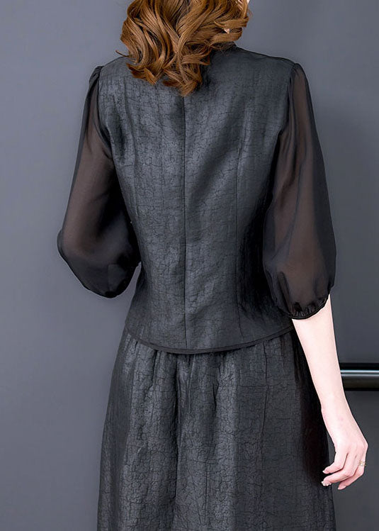 Black Tasseled Embroideried Patchwork Silk Top Summer