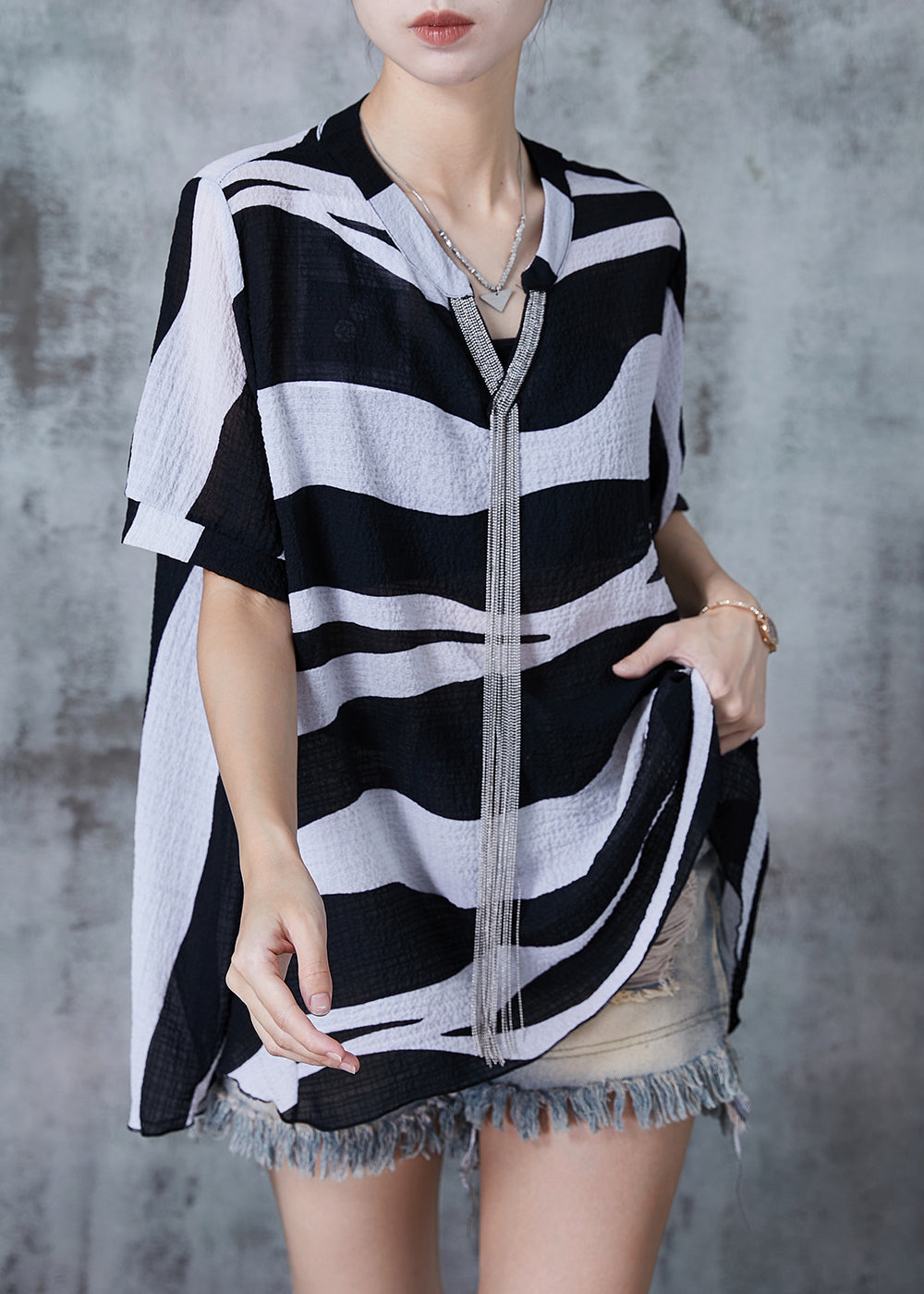 Black Tasseled Striped Chiffon Tops Summer