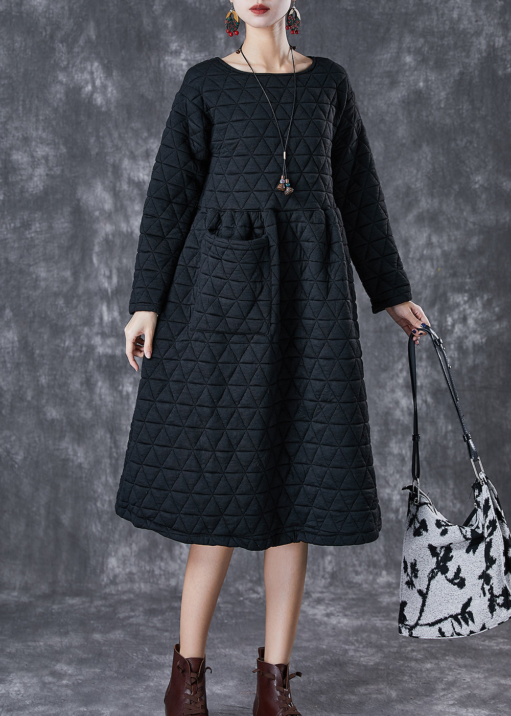 Black Thick Fine Cotton Filled Dress Winter