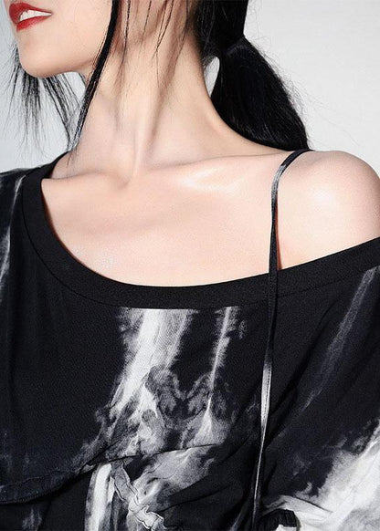 Black Tie Dye One Shoulder Tie Waist Shirt Tops Summer