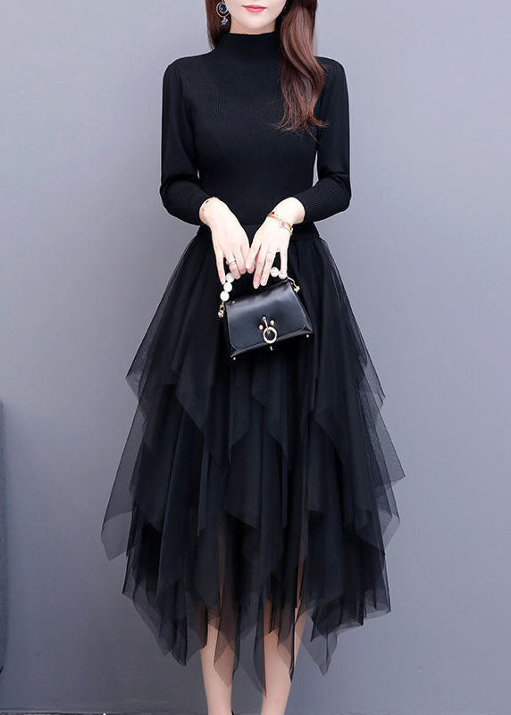 Black Tulle Patchwork Asymmetrical Design Dress Spring