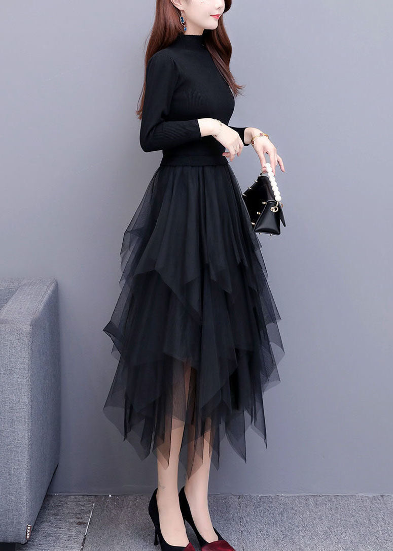 Black Tulle Patchwork Asymmetrical Design Dress Spring