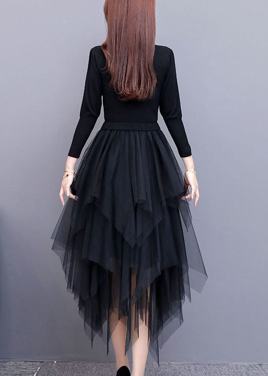 Black Tulle Patchwork Asymmetrical Design Dress Spring