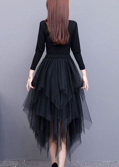 Black Tulle Patchwork Asymmetrical Design Dress Spring