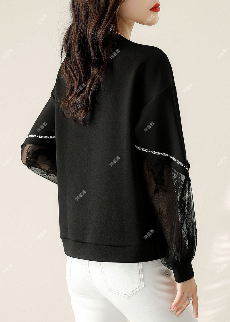 Black Tulle Print Cotton Loose Sweatshirt Spring