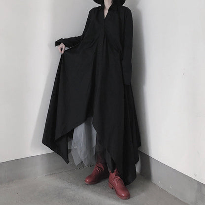 Black Tunic Pattern V Neck Asymmetric Robe Spring Dress