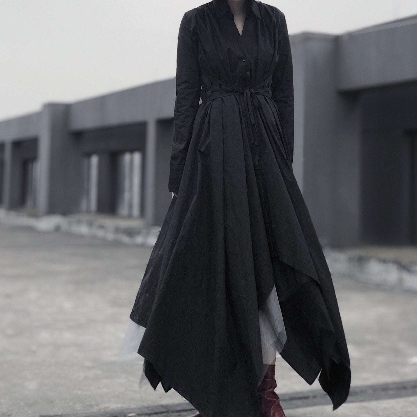 Black Tunic Pattern V Neck Asymmetric Robe Spring Dress