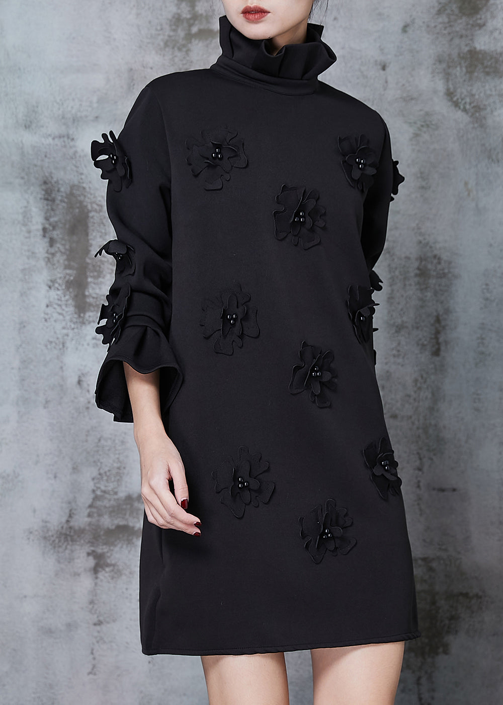Black Turtle Neck Cotton Dress Flare Sleeve